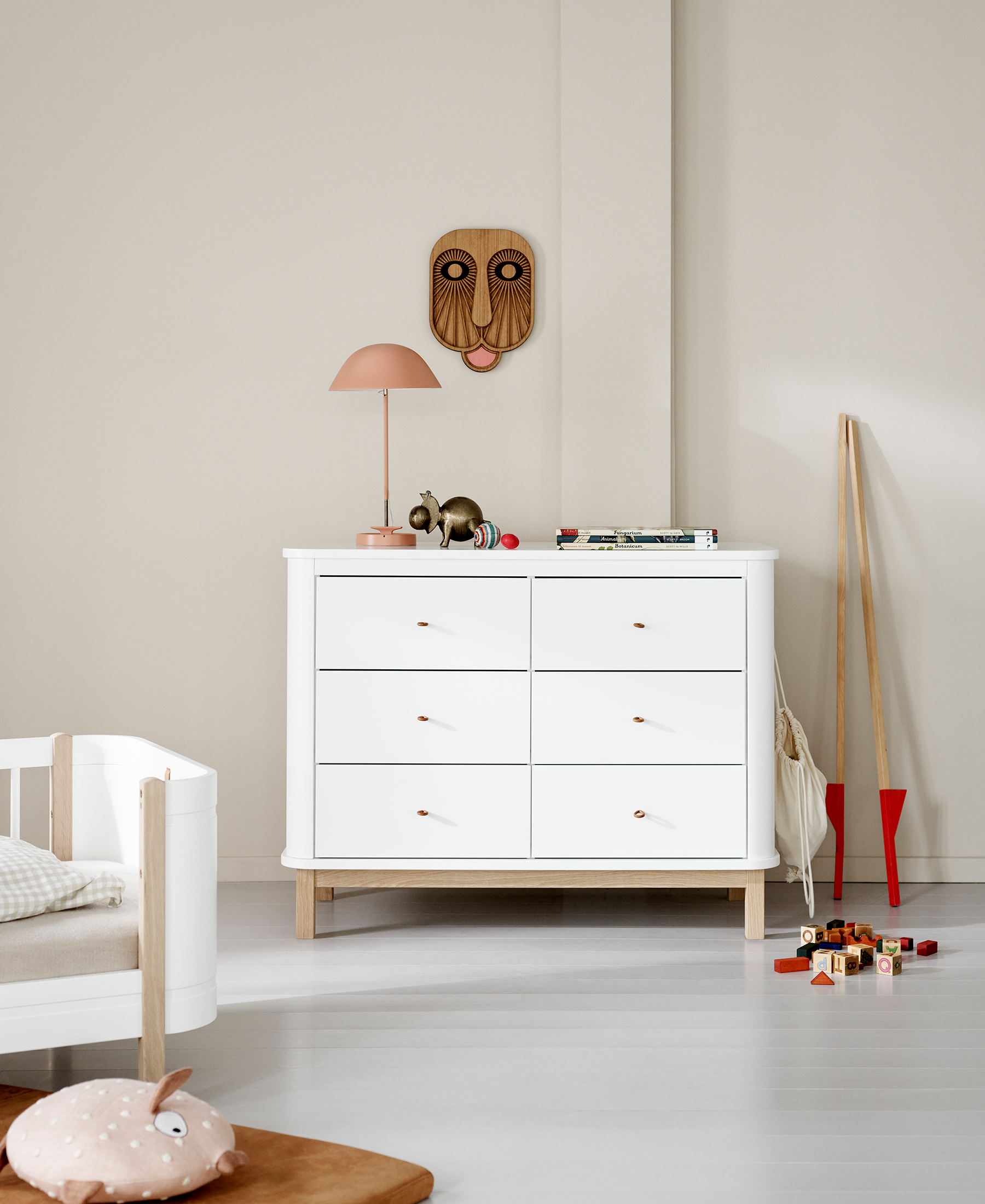 Wood kommode 6 skuffer, hvid/eg