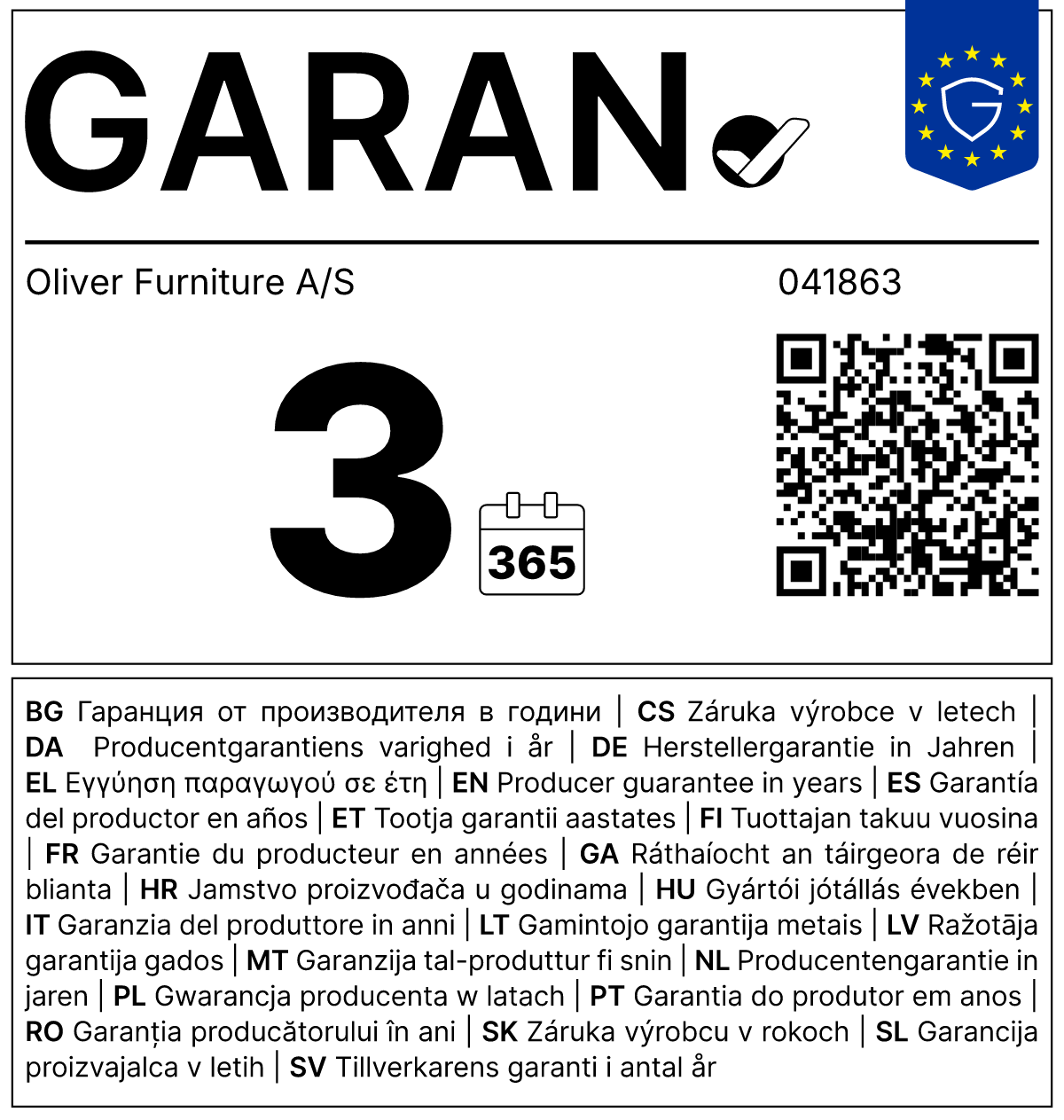 GARAN: 3 års producentgaranti for holdbarhed